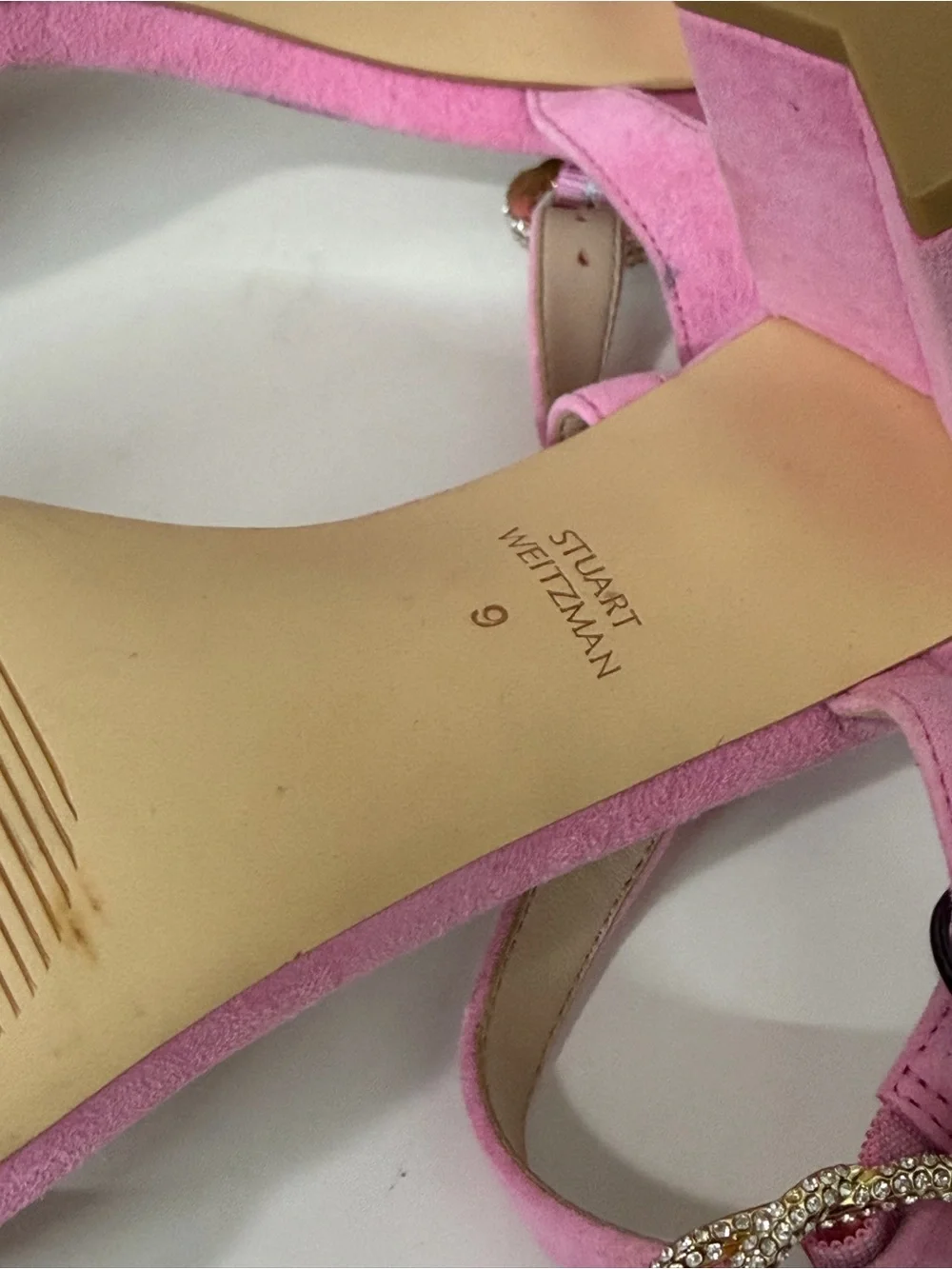 Stuart Weitzman Crystal Buckle 75 Block Heel Sandal Size 9